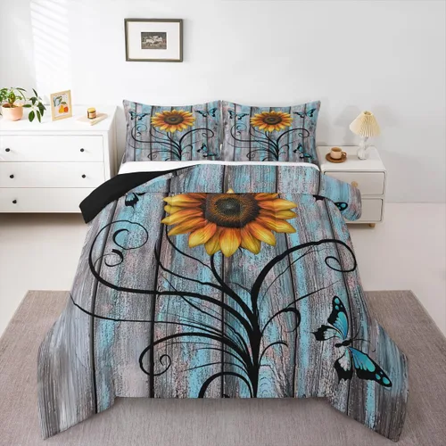 Vista 24 de Juego de ropa de cama rústica de granja color verde azulado con puerta de granero de madera, edredón de plumas tamaño Queen, decoración occidental