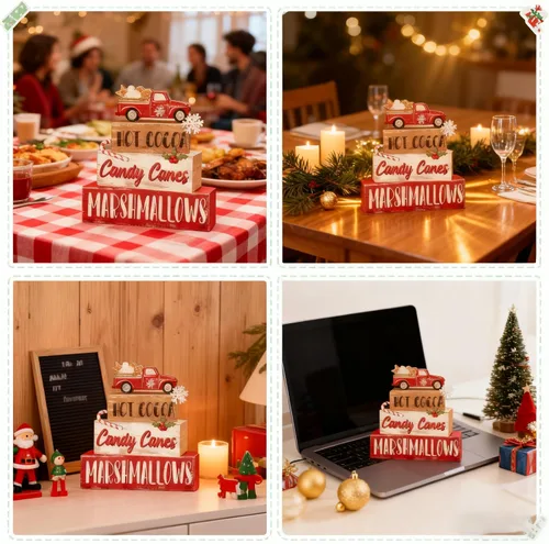 Vista 6 de 4 piezas de decoraciones navideñas para interiores - Decoración de mesa de camión de madera para el hogar - Centro de mesa navideño para la mesa