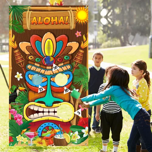 Vista 3 de Luau Party Games Hawaiian Tiki Party Toss Games Banner con 3 bolsas de frijoles, decoración de tótem para suministros de carnaval tropical de verano