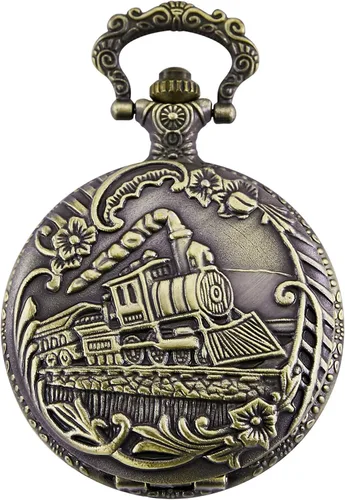 Vista 3 de Reloj de bolsillo con tren de vapor de cuarzo para hombres y mujeres con cadena, bronce, Bronce 1, Retro