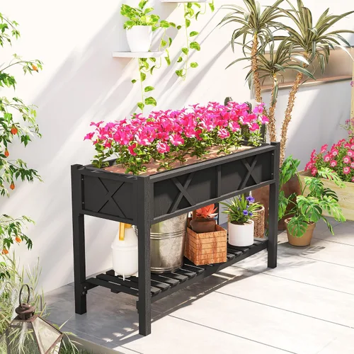 Vista 8 de Outsunny - Jardinera elevada de madera con estante de almacenamiento, orificios de drenaje y forro para el patio trasero, la terraza, el balcón, 47