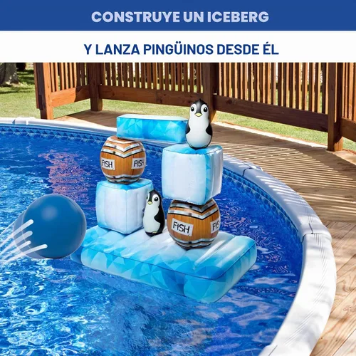 Vista 3 de Stack 'n Splash - Juego de piscina de pingüinos, juguete flotante para objetivo, construirlo, golpéalo, derriba. Juego de 10 piezas con 2 bolas