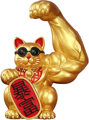 Vista 8 de Fenteer Figura de gato de la suerte con brazo muscular, escultura de gato de la fortuna de resina, 2.76 x 1.57 x 3.94 pulgadas, decoración de Año