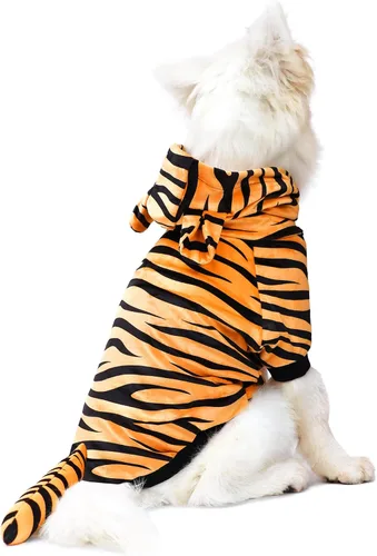Vista 2 de Disfraz de tigre de Halloween para perro, divertido uniforme de gato, tigre, ropa de cosplay para perros pequeños a medianos (S)