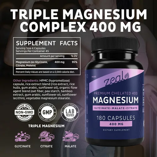 Vista 2 de Zeal Naturals Suplemento triple complejo de magnesio - glicinato, malato, citrato 400 mg, 180 cápsulas Magnesio quelado de alta absorción