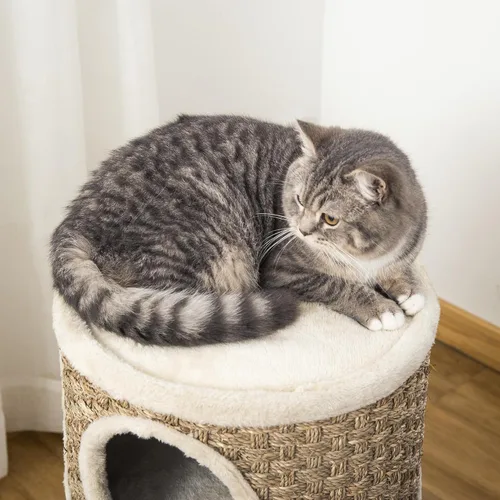 Vista 8 de PawHut Condominio para gatos de 28 pulgadas, escondite para gatos de 3 pisos con almohadilla de sisal, árbol pequeño en forma de barril para gatos