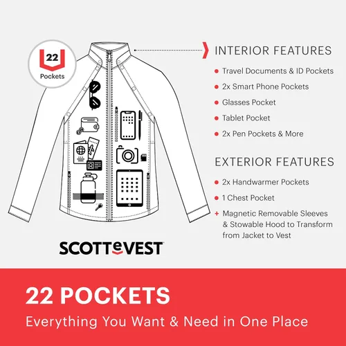 Vista 2 de SCOTTeVEST Tropiformer - Chaqueta 3D para hombre, 22 bolsillos ocultos, abrigo ligero repelente al agua para viajes y más