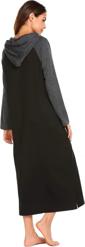 Vista 5 de Ekouaer Camisón de manga larga con capucha para mujer, color de contraste, ropa de descanso de longitud completa con bolsillo, S-4XL