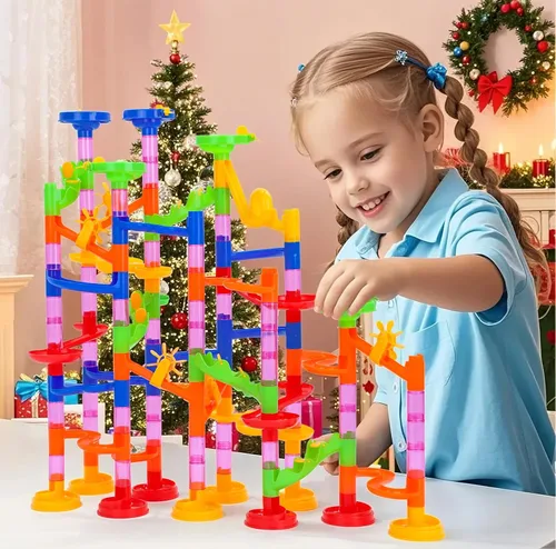 Vista 8 de Gifts2U Juguete de carrera de mármol, 130 piezas educativas de construcción laberinto, juego de juguetes con canicas de vidrio para niños