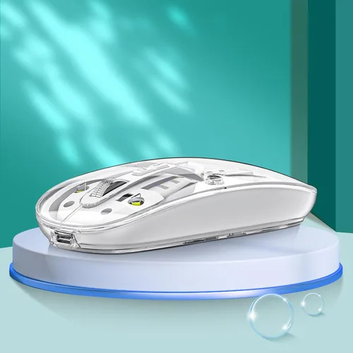 Vista 7 de Uiosmuph Ratón Bluetooth inalámbrico, trimodo (BT5.1/5.1+USB), USB C recargable, clic silencioso, cubierta transparente, nivel de batería visible