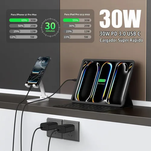 Vista 3 de Cargador de Bloque USB C de carga rápida para iPhone 17 16 Pro Max, cargadores USB-C de 30 W con cable largo de carga rápida tipo C de 3/6/10 pies