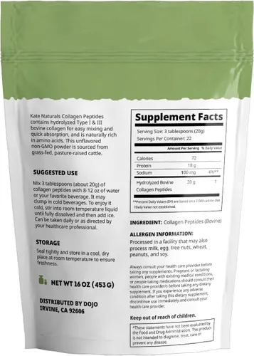 Vista 5 de Kate Naturals Péptidos de colágeno en polvo para cabello, piel, uñas y articulaciones (16 onzas, hidrolizado, sin sabor) colágeno bovino alimentado