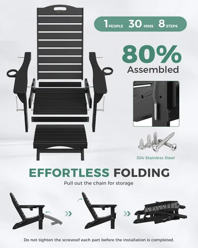 Vista 8 de Sillas Adirondack ajustables con otomana retráctil, silla Adirondack plegable de HDPE con 2 soportes para tazas, resistente a la intemperie