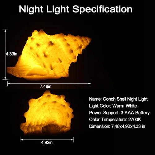 Vista 4 de Luz Nocturna de Concha - Luz Nocturna LED Alimentada por Batería para Habitación de Niños, Temporizador de Apagado Automático, Decoración Náutica