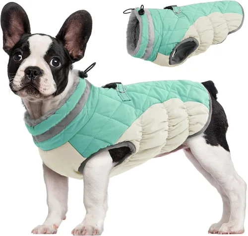 Vista 30 de Abrigo para perro, chaqueta cálida de invierno, acolchada, de vellón, chaleco reflectante con arnés, chaqueta de nieve impermeable con cremallera, a