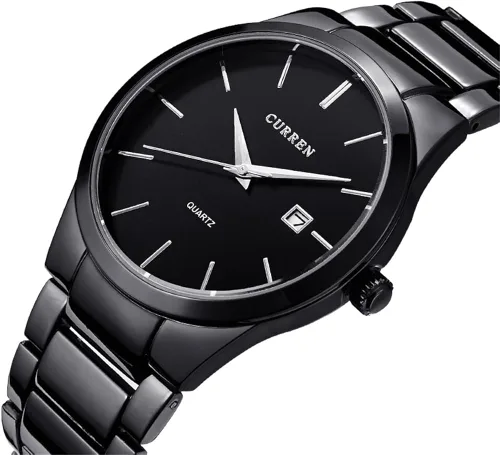 Vista 2 de Todos los relojes de acero negro para hombres clásico reloj de acero inoxidable casual negocios cuarzo analógico reloj de pulsera con calendario 8106
