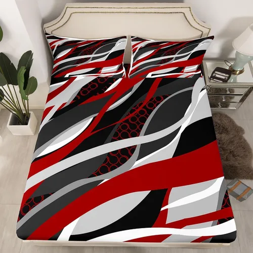 Vista 4 de Manfei Sábana bajera ajustable color rojo y gris, tamaño individual, funda de cama circular de rayas onduladas abstractas con 1 funda de almohada