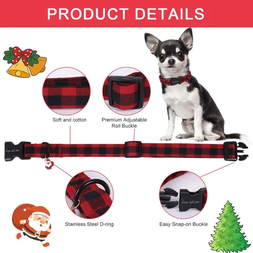 Vista 2 de Collar de perro de Navidad de Unique Style Paws con hebilla de plástico y colgante, a cuadros rojo y negro, collares de algodón para cachorros