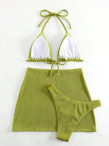 Vista 2 de COZYEASE Conjunto de bikini de 3 piezas para mujer, traje de baño triangular a rayas con falda de playa
