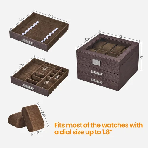 Vista 6 de Caja de reloj, regalos de Navidad, caja de reloj de 8 ranuras con tapa de vidrio, almohadas de reloj extraíbles, organizador de caja de joyería de 3