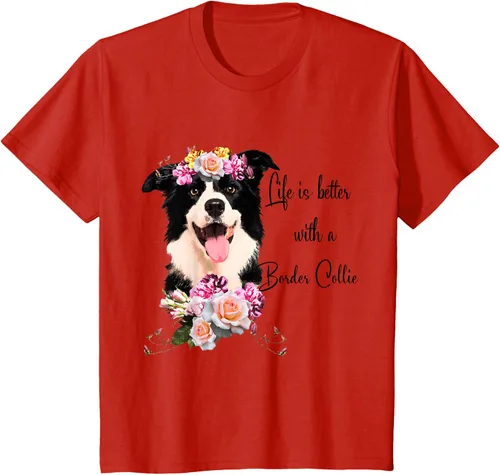 Vista 3 de Life is Better With a Border Collie - Camiseta de perro lindo con flores, gris, S Gris Oscuro