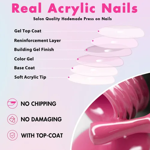 Vista 6 de Uñas postizas de presión con forma de almendra rosa de longitud media estilo stiletto, uñas artificiales de gel suave reutilizables acrílicas