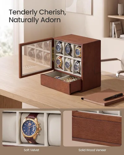 Vista 4 de SONGMICS Caja de reloj, vitrina vertical de 6 ranuras, chapa de madera Marrón café