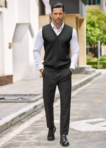 Vista 4 de COOFANDY Chaleco de suéter para hombre, cuello en V, casual, sin mangas, con botones, cárdigan
