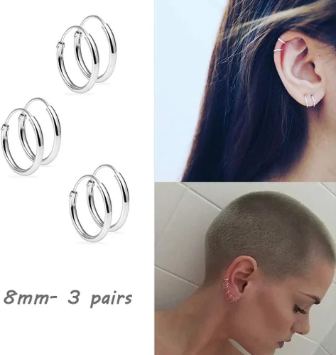 Vista 2 de Aretes de aro de plata para cartílago, pequeño, para mujeres, hombres, niñas, 3 pares de aretes de plata esterlina 925, hipoalergénicos, Tragus
