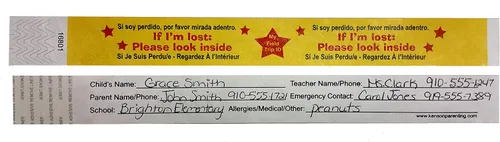 Vista 4 de Bandas de viajes identificatorias para niños Kenson, desechables, pulseras de identificación