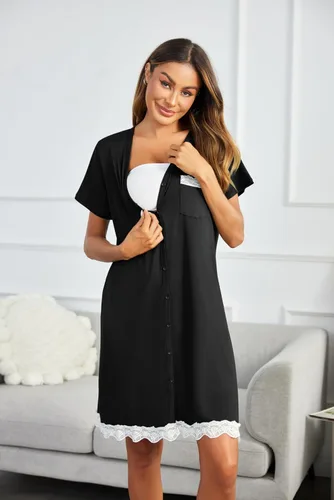 Vista 5 de Ekouaer Camisones a rayas con botones para mujer, camisones de manga corta