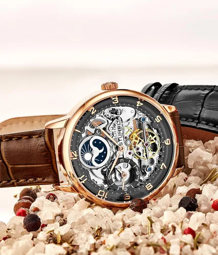 Vista 4 de Stuhrling - Reloj de esqueleto automático para hombre, esfera analógica, doble hora, indicador AMPM Sun Moon
