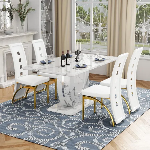 Vista 9 de Moderno juego de mesa de comedor de mármol sintético para 4, mesa de cocina rectangular blanca de 63 pulgadas con elegante base de pedestal