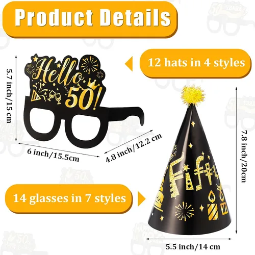Vista 2 de 26 piezas de decoración de fiesta de cumpleaños número 50, kits de gafas y sombreros, gafas y sombreros de papel temáticos negros y dorados
