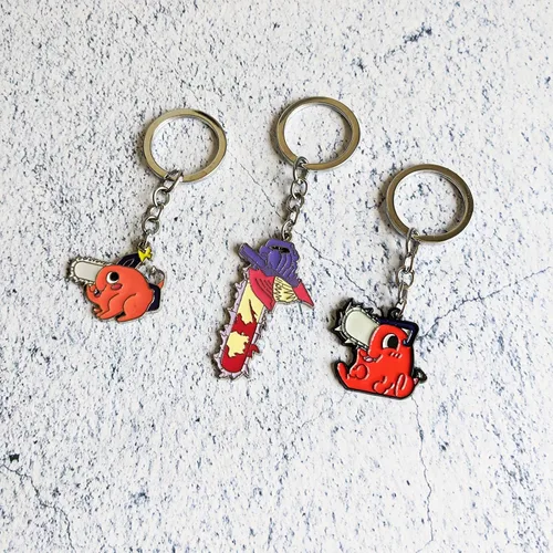 Vista 6 de Llavero de esmalte de anime, motosierra Pochita Power Denji Man Llavero Aleación Colgante Figura