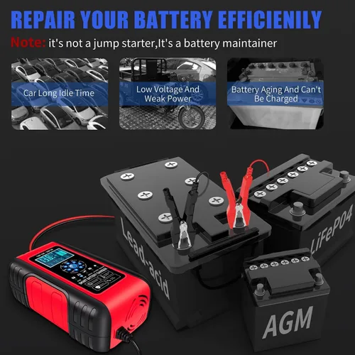 Vista 4 de E-FAST LiFePO4 - Cargador de batería de 10 amperios 12/24 V de plomo ácido completamente automático, cargador de batería de automóvil