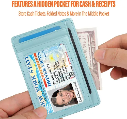Vista 3 de Slim RFID - Soporte para tarjetas con sistema de bloqueo, billetera de cuero de bolsillo frontal minimalista para mujer