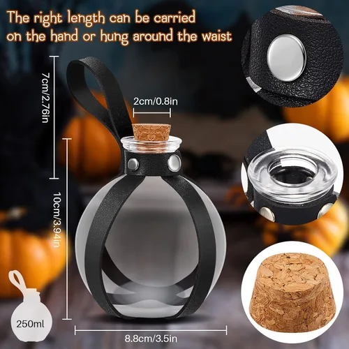 Vista 2 de Patelai 2 botellas de poción de vidrio de Halloween con cinturón, corcho, accesorios de disfraz de bruja renacentista, botella de poción