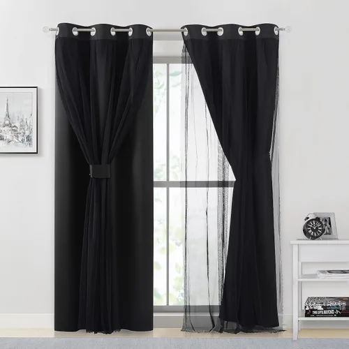 Vista 30 de Bujasso Cortinas 80% Opacas Beige con Superposición de Gasa Mezcla y Combinación Paneles de Ventana con Aislamiento Térmico de Doble Capa de 63