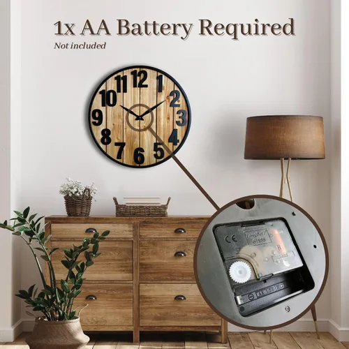 Vista 7 de Montoire Reloj de pared de granja de madera de 24 pulgadas, extra grande para decoración de sala de estar - Grandes relojes rústicos redondos