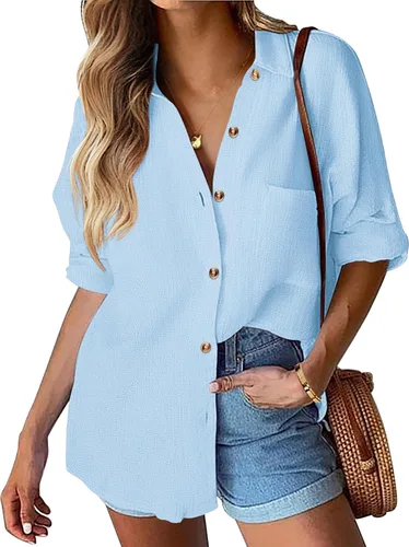 Vista 11 de HOTOUCH Camisa de manga larga con botones de lino para mujer, blusa de algodón casual, holgada, con cuello, para trabajo, de gasa, con bolsillo