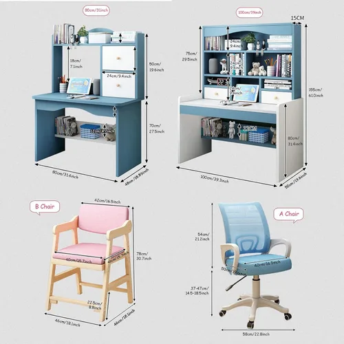 Vista 2 de QQXX Juego de escritorio y silla de altura ajustable, mesa de estudio de madera con gabinete y cajón de almacenamiento, mesa de escritorio de Azul A