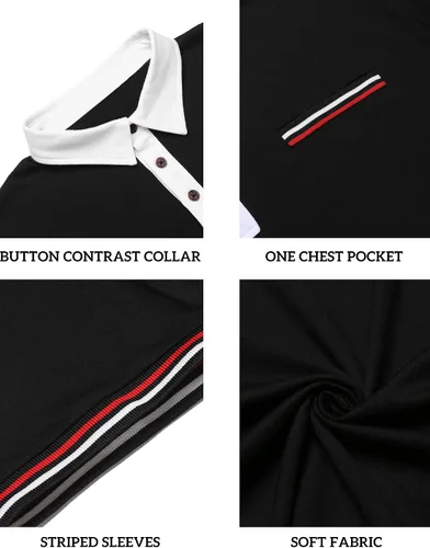 Vista 5 de COOFANDY Polo de manga corta para hombre, con mangas a rayas, ajuste clásico, casual, con bolsillo
