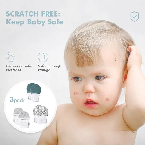 Vista 2 de HAPIU Manoplas para bebé que no se rayan, 100% algodón transpirable, guantes ajustables para niños y niñas, recién nacidos, 12 M