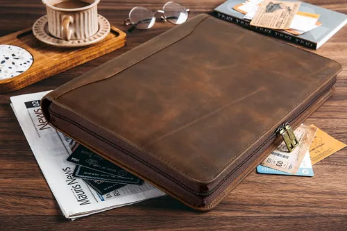Vista 6 de Carpeta y organizador de cuero genuino, carpeta de cuero vintage de 3 anillos, padfolio personalizado para hombres de negocios, blocs legales