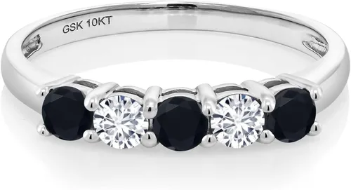 Vista 2 de Gem Stone King 050 Ct Round Black Onyx White Diamond 10K White Gold 5-Stone Band Ring