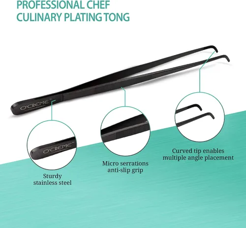 Vista 3 de O'Creme Pinzas de acero inoxidable de precisión para cocina culinaria de 8 pulgadas (8 pulgadas curvas, negro)