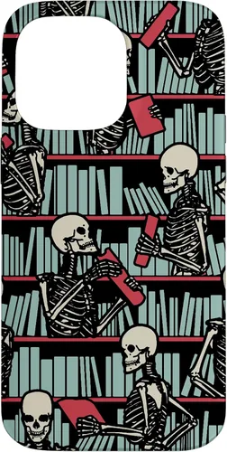 Vista 21 de iPhone 16 Bookish Public Library Skeleton Goth Librarian Books Pattern Case