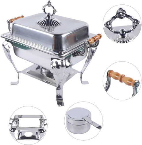 Vista 3 de Juego de bufé de platos de acero inoxidable 201, calentador de catering rectangular plateado, calentador de alimentos para fiestas, bufé