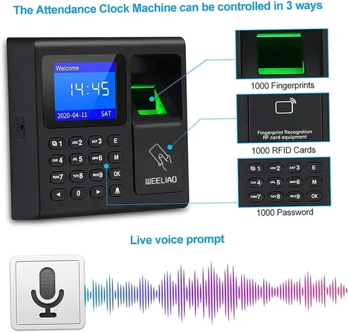 Vista 5 de WEELIAO Máquina de asistencia de tiempo, huella dactilar, contraseña, reloj de tiempo para empleados con escaneo de dedos, RFID y perforación de PIN